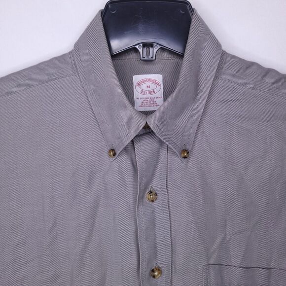 Brooks Brothers Shirt Mens Medium Gray Cotton Cashmere Blend Non Iron Herringbon - Picture 1 of 10